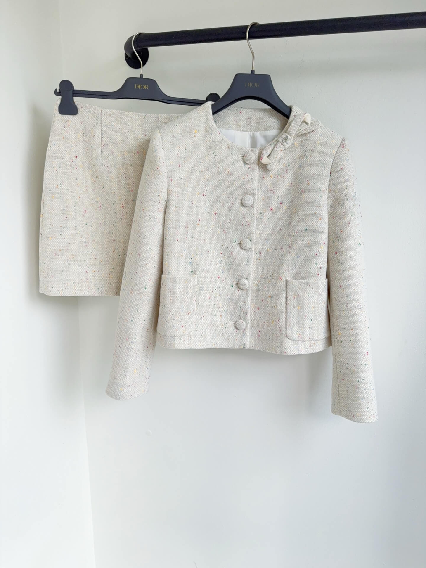 Dior Cream Speckled Tweed Collarless Jacket and Mini Skirt Two-Piece Set