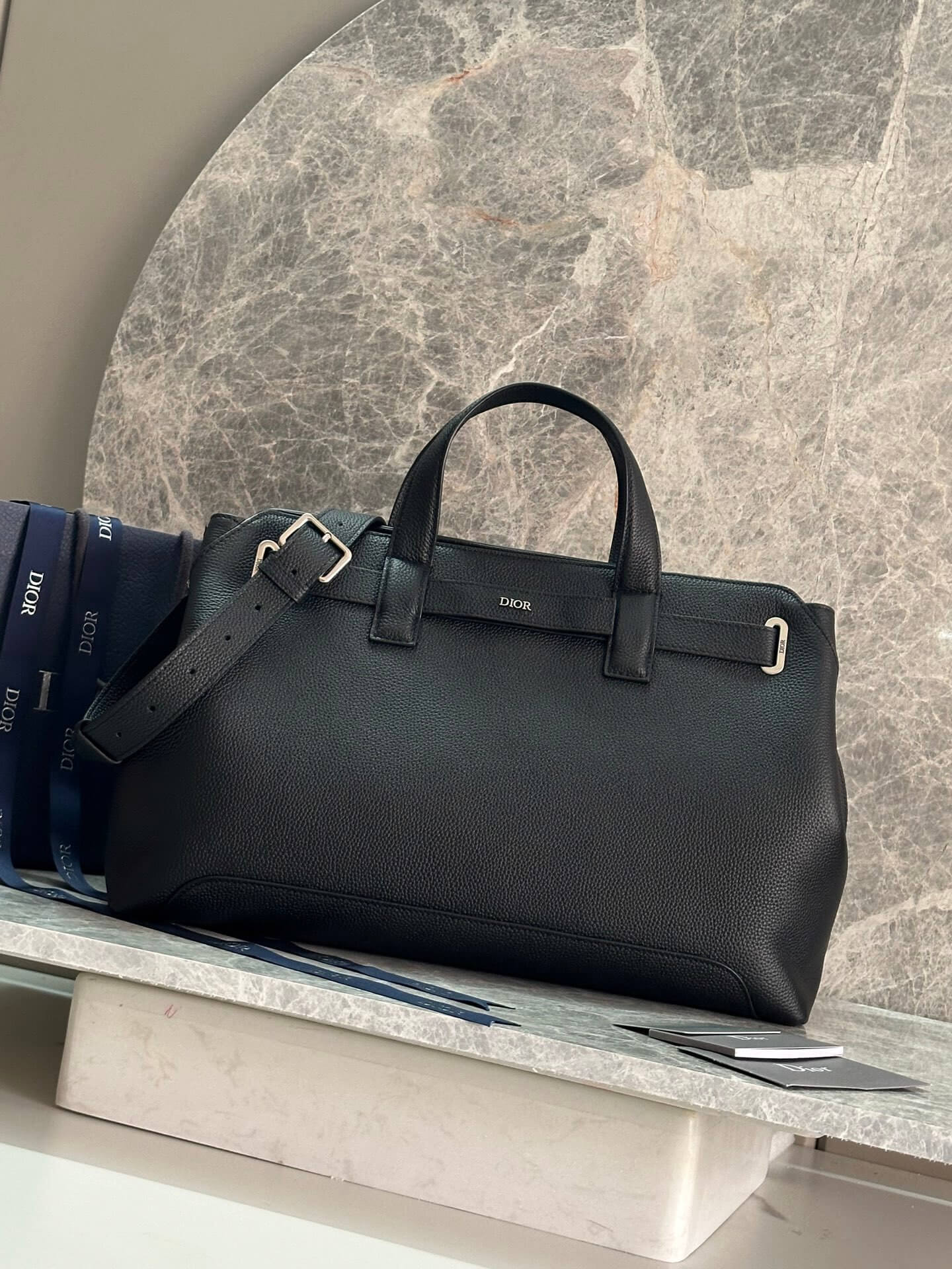 Dior Normandie Tote Bag Black Grained Calfskin with Buckled Strap Detail