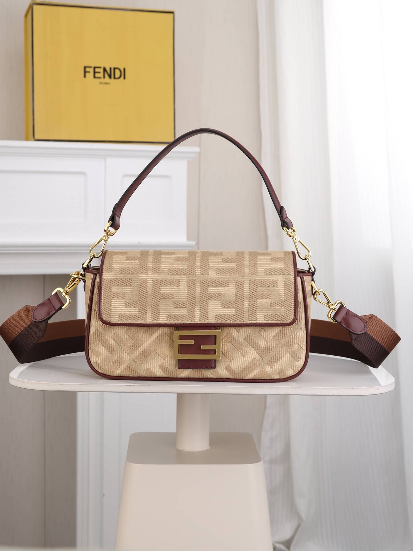 Fendi Baguette Shoulder Bag in Beige FF Jacquard with Brown Leather Trim