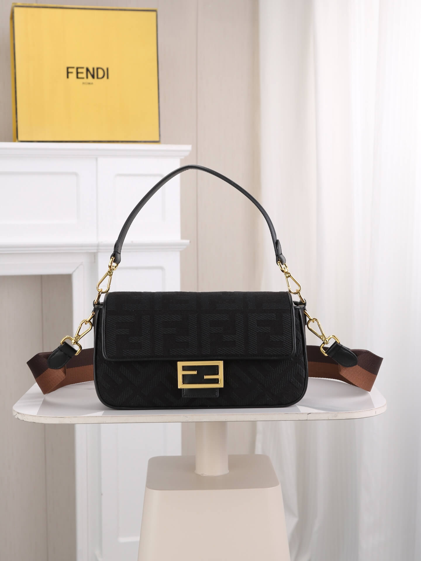 Fendi Baguette Shoulder Bag in Black FF Jacquard with Gold-Tone FF Clasp