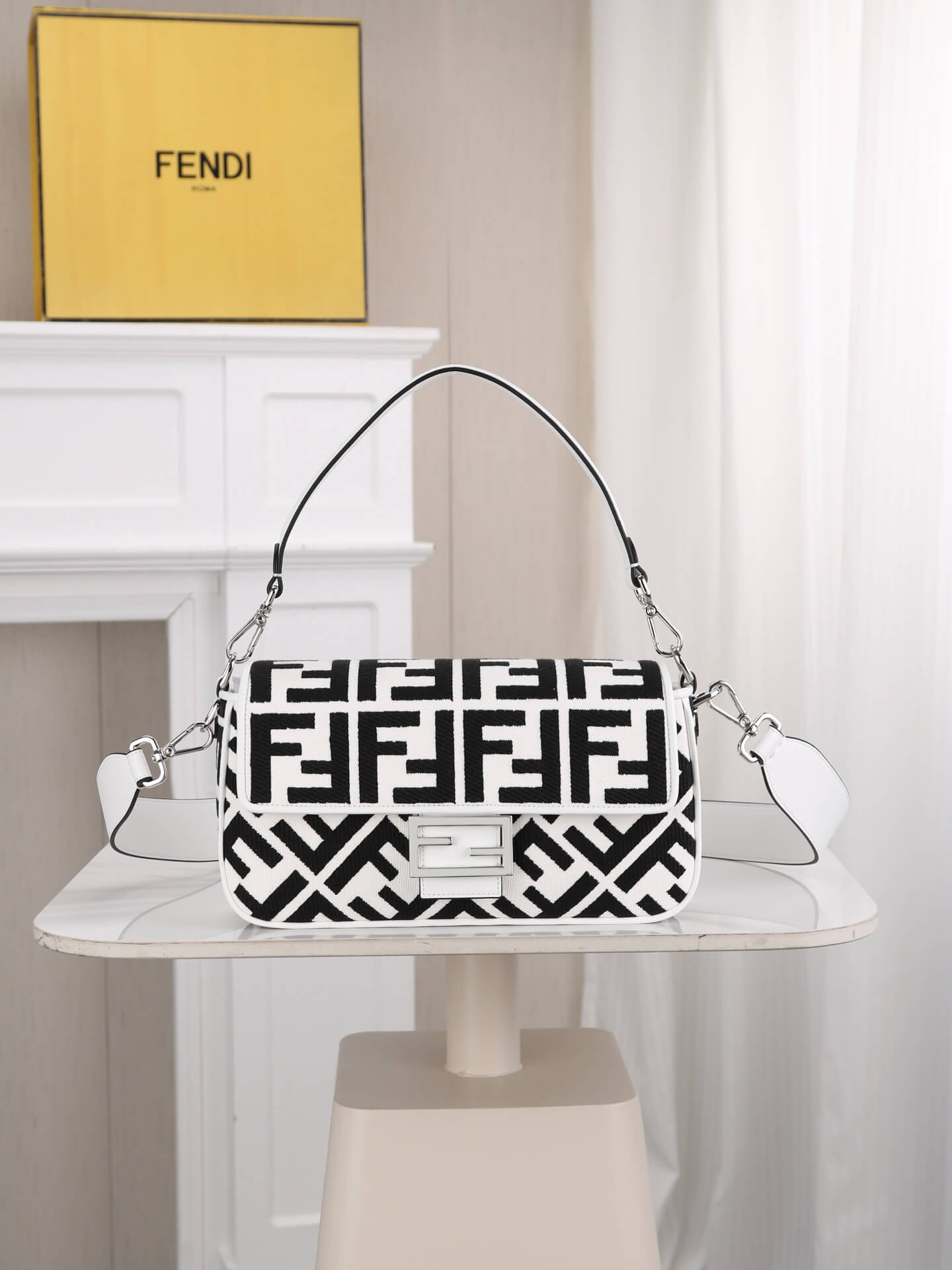 Fendi by Marc Jacobs Baguette Shoulder Bag in White and Black FF Embroidered Canvas