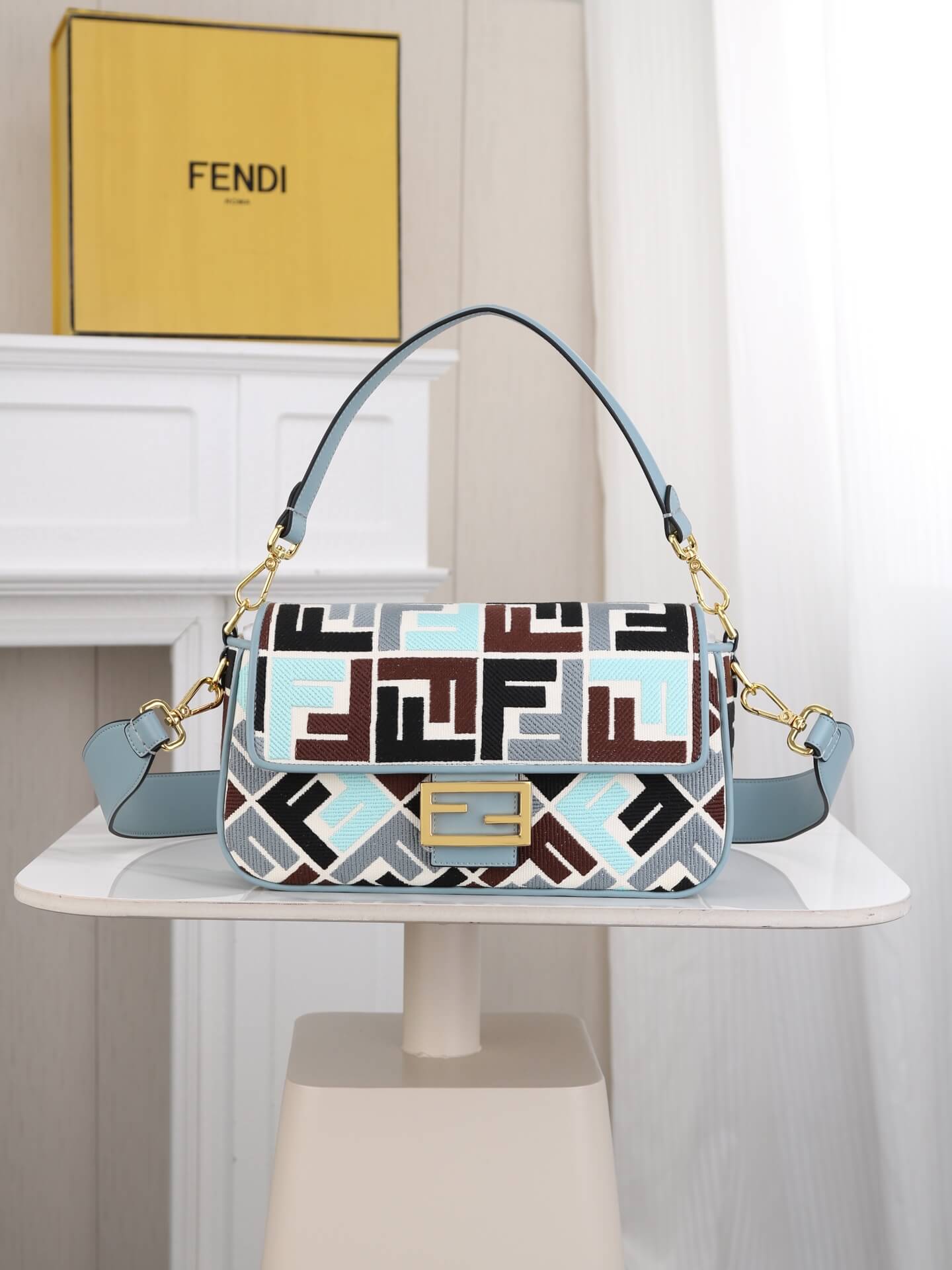 Fendi Baguette Bag in Multicoloured FF Motif Canvas with Brown Leather