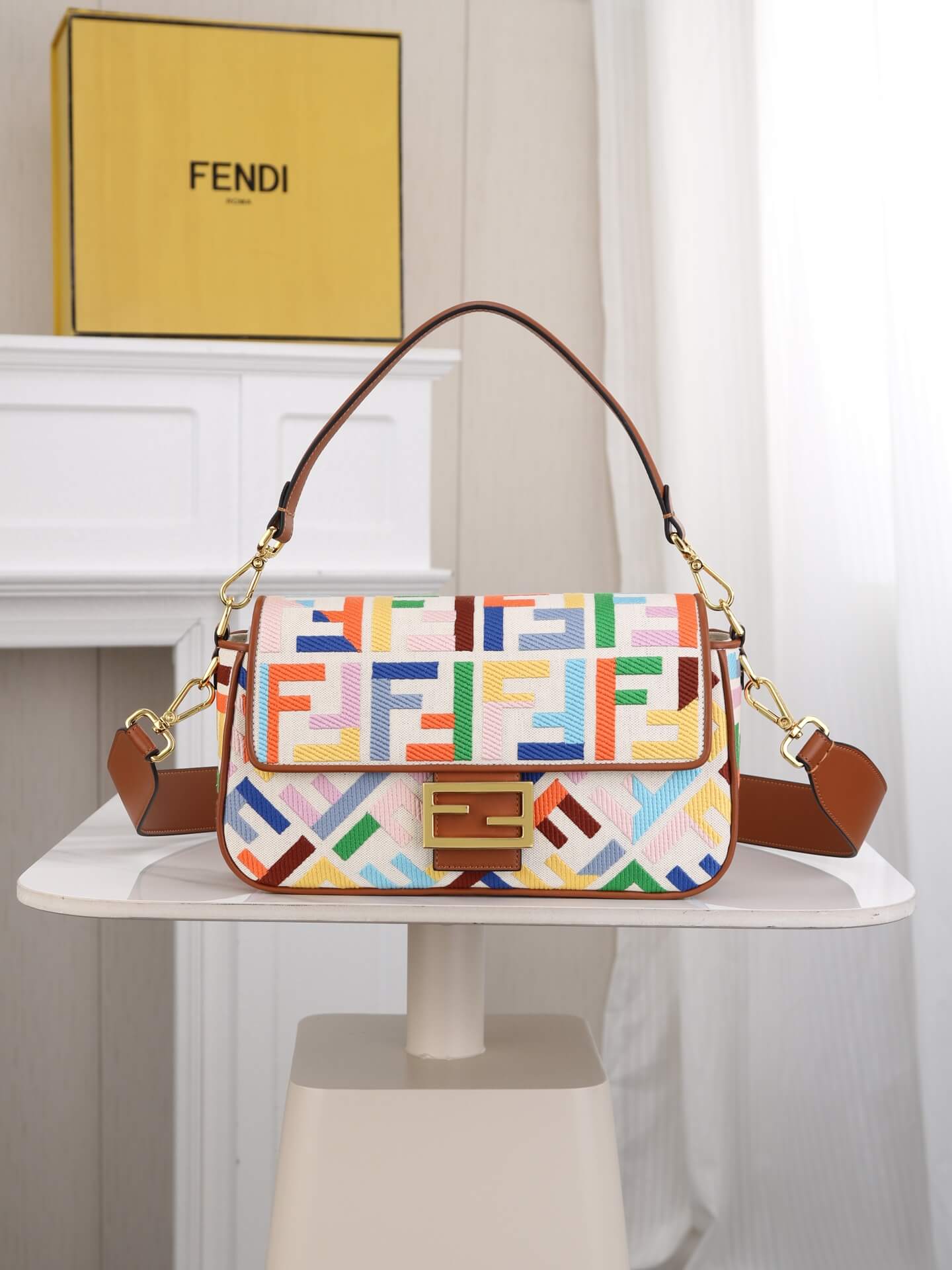 Fendi Baguette Shoulder Bag in Multicoloured FF Embroidered Canvas with Brown Leather