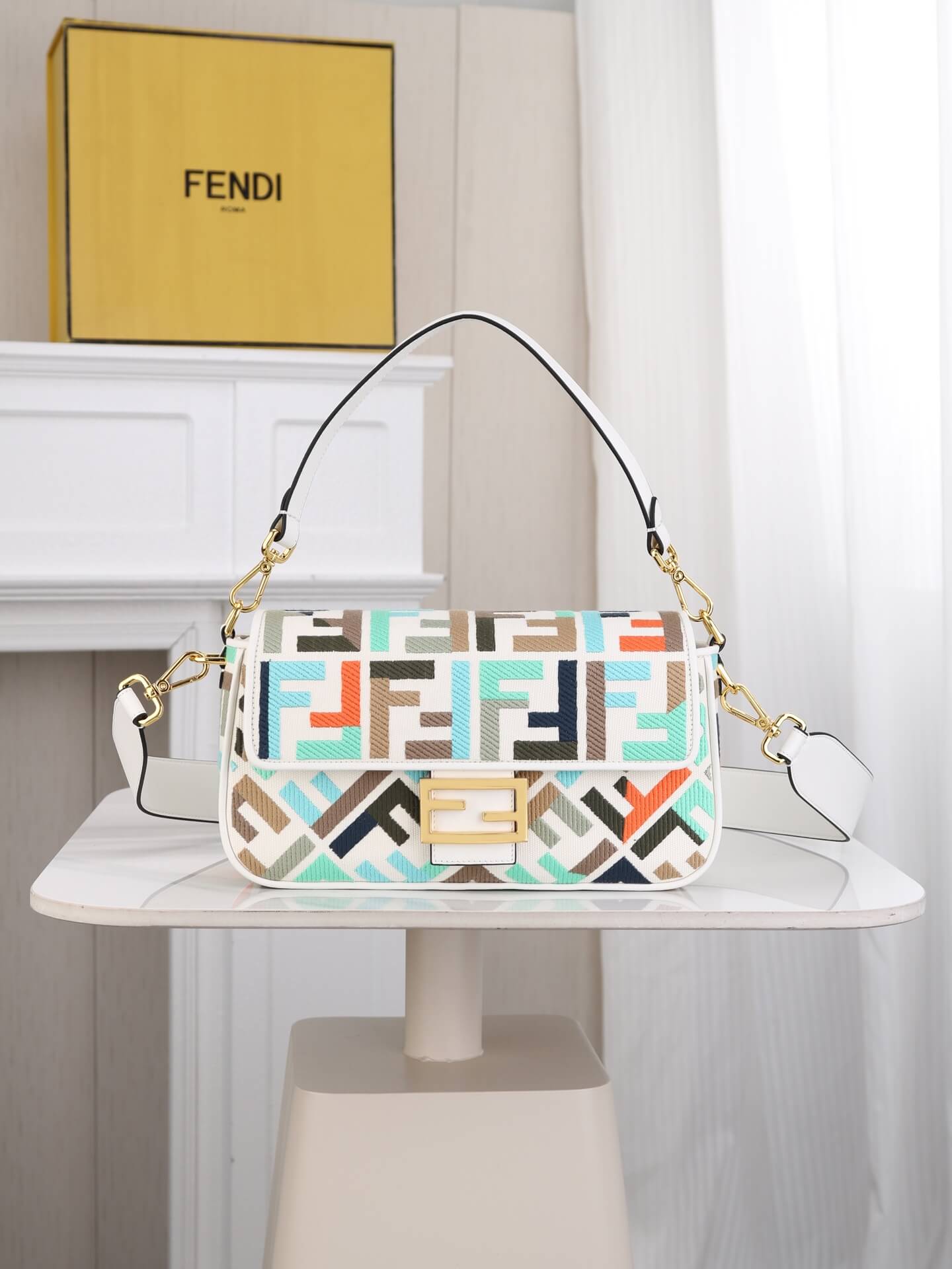 Fendi Baguette Shoulder Bag in White Multicoloured FF Embroidered Canvas