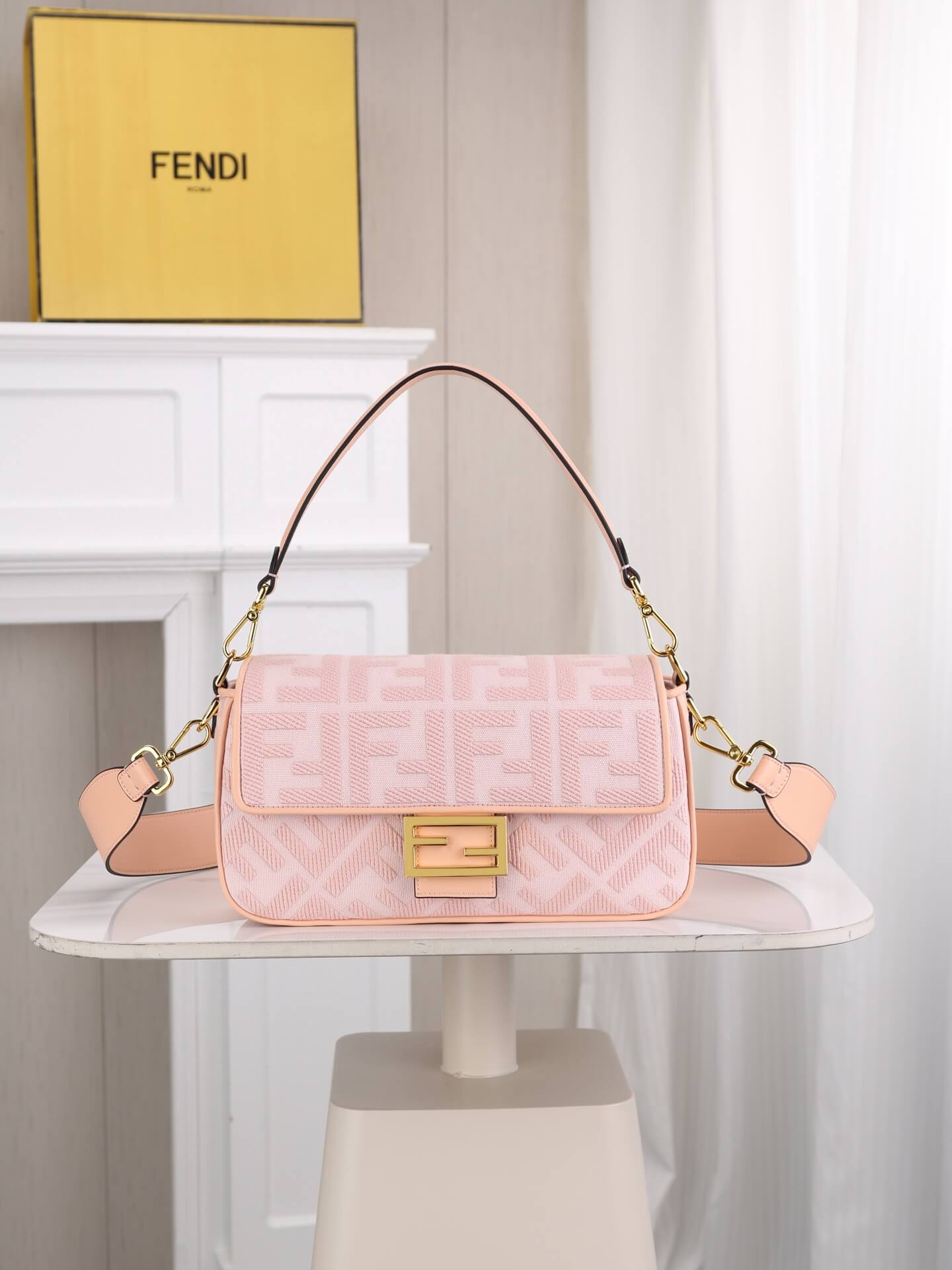 Fendi Baguette Shoulder Bag in Baby Pink FF Jacquard with Gold-Tone Hardware