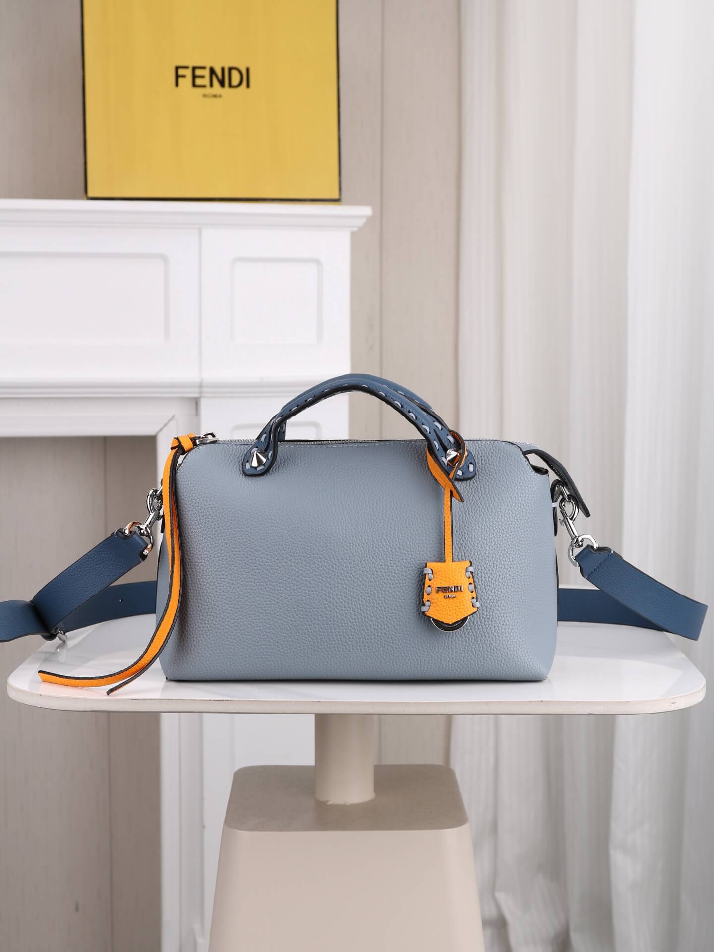 Fendi By The Way Selleria Medium Leather Boston Bag in Steel Blue with Orange Trim