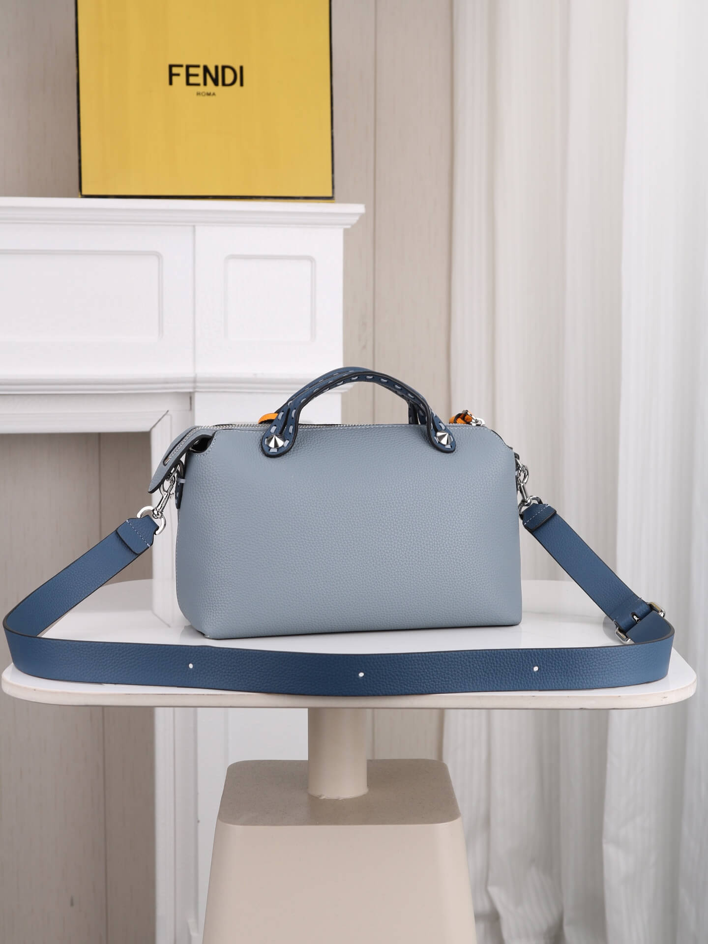 Fendi By The Way Selleria Medium Leather Boston Bag in Steel Blue with Orange Trim - Image 2