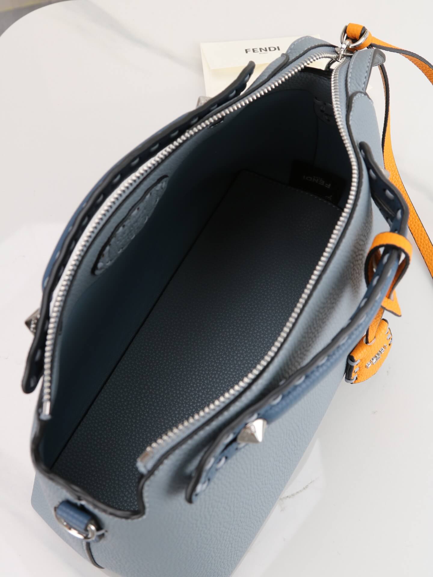 Fendi By The Way Selleria Medium Leather Boston Bag in Steel Blue with Orange Trim - Image 9