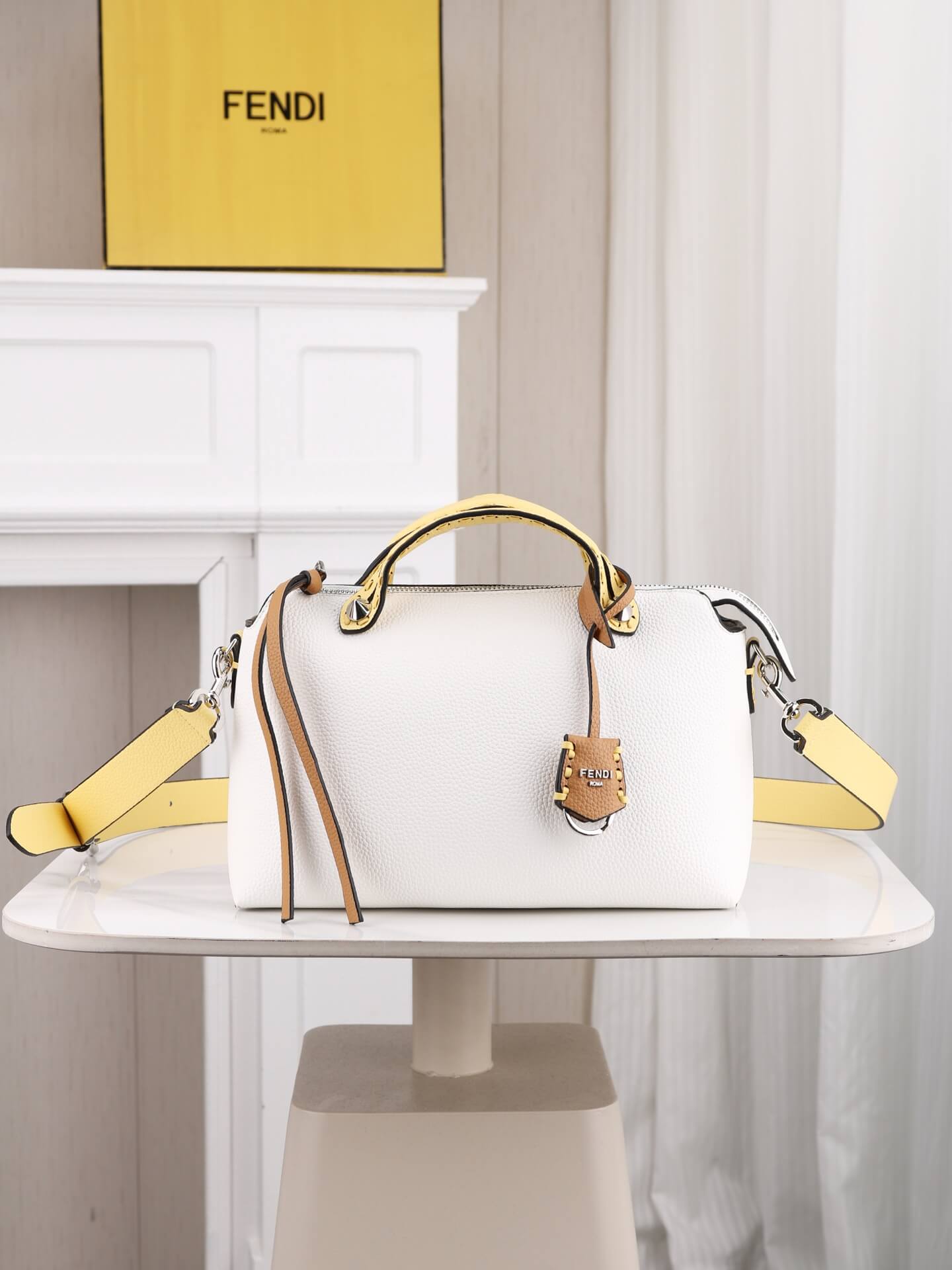 Fendi By The Way Selleria Medium Leather Boston Bag in White and Yellow Trim.