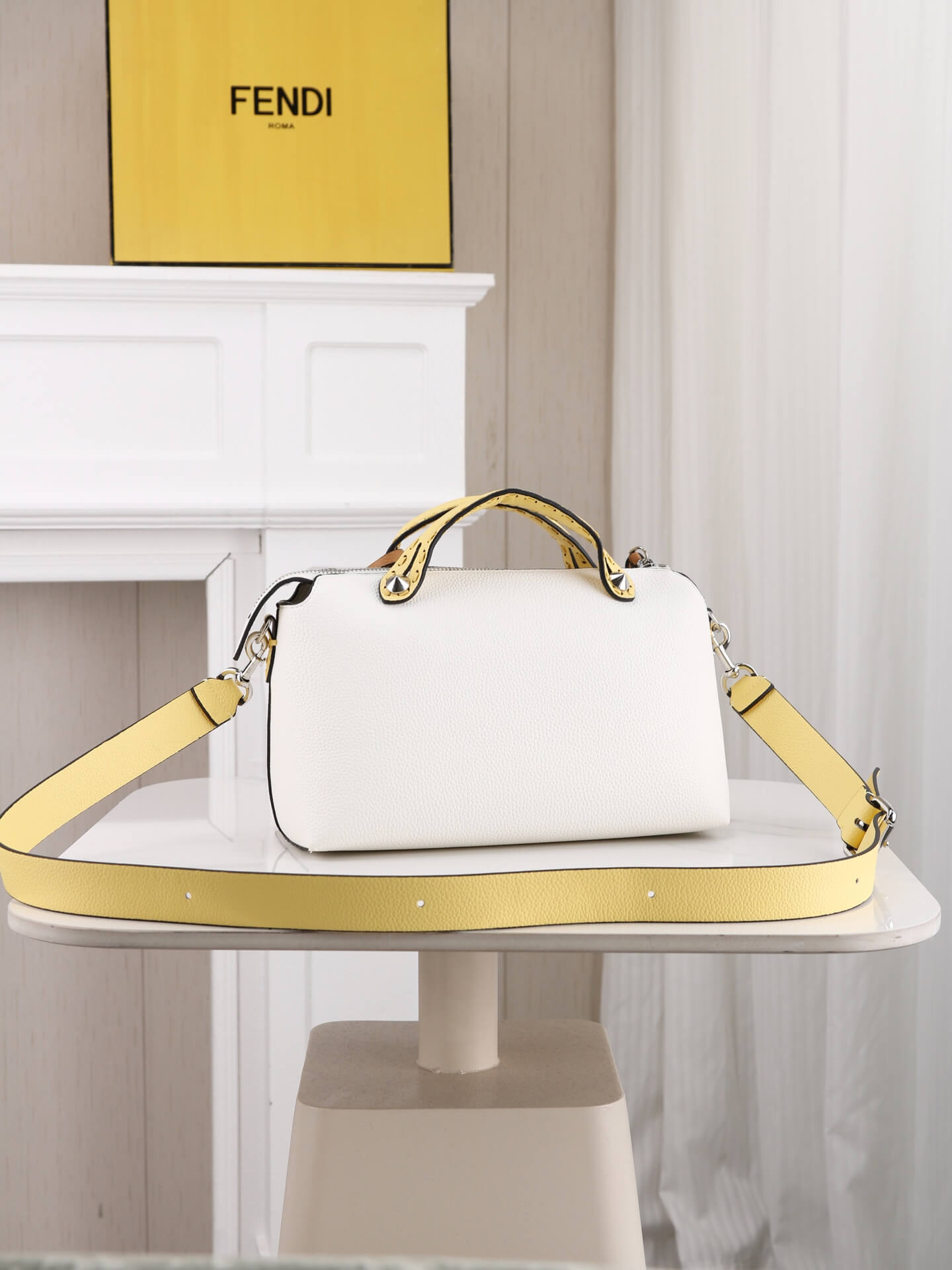 Fendi By The Way Selleria Medium Leather Boston Bag in White and Yellow Trim. - Image 2