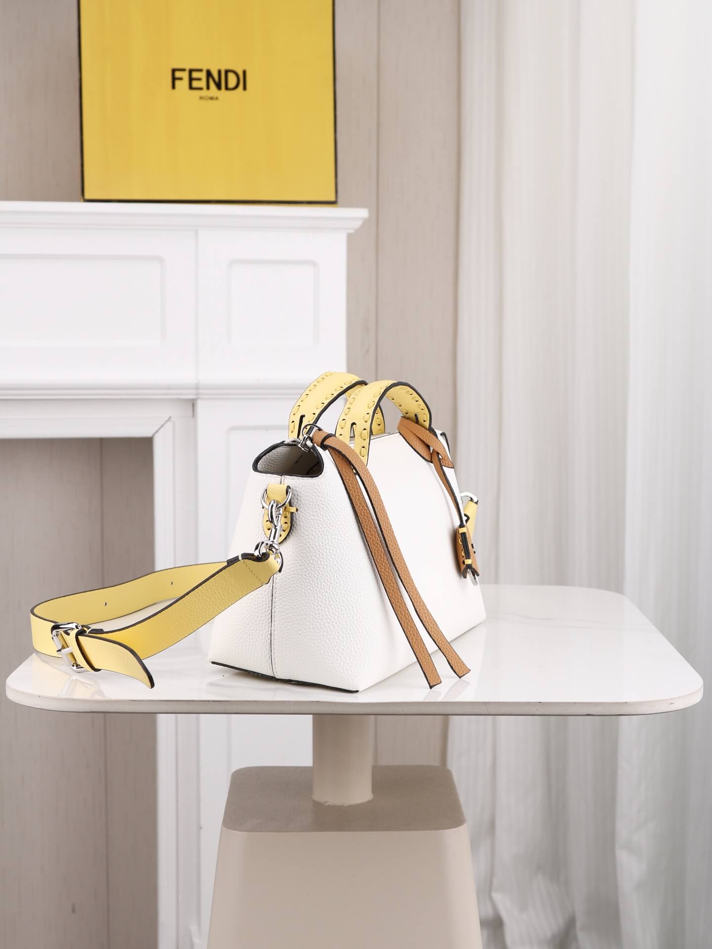 Fendi By The Way Selleria Medium Leather Boston Bag in White and Yellow Trim. - Image 3