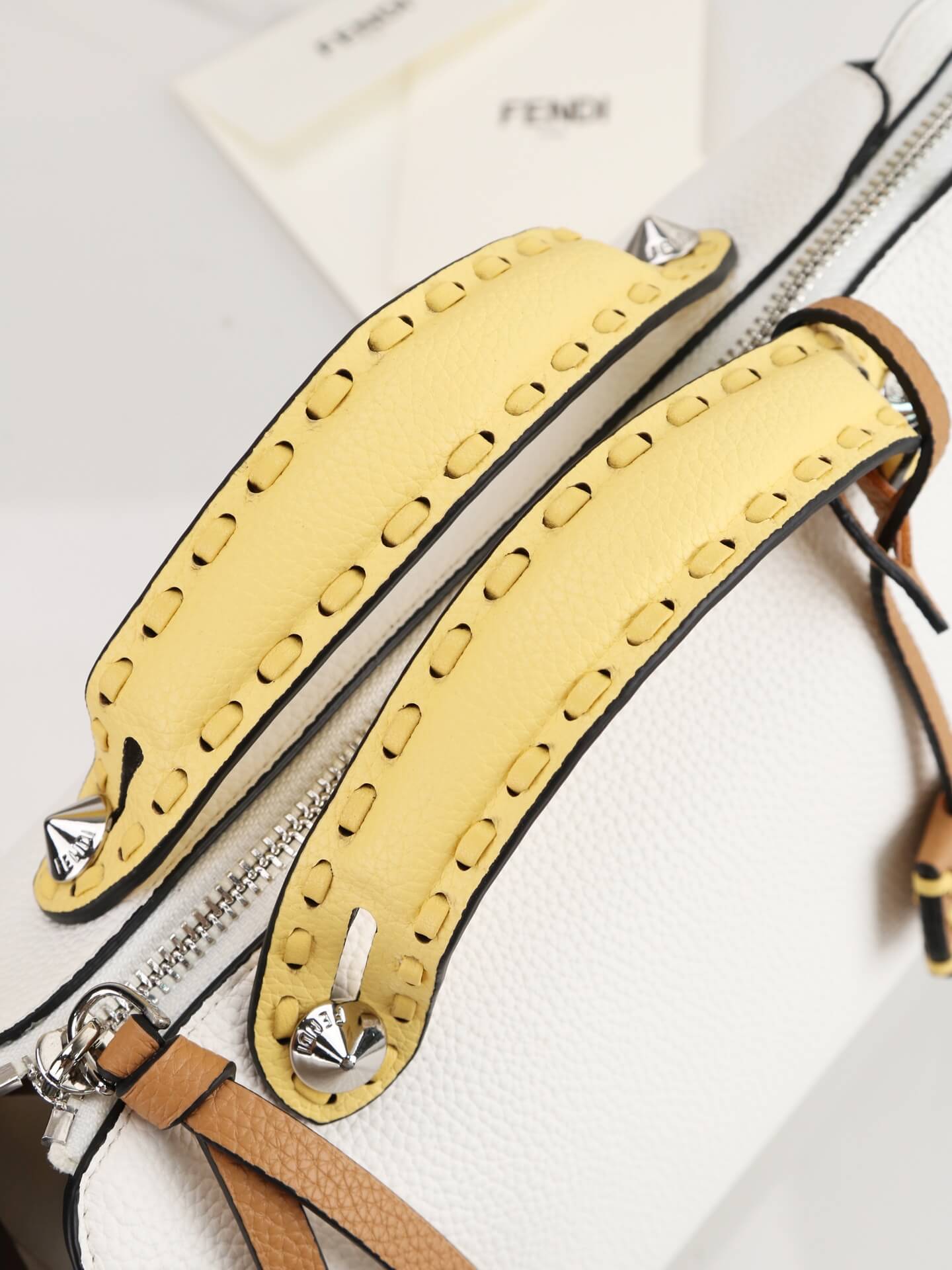 Fendi By The Way Selleria Medium Leather Boston Bag in White and Yellow Trim. - Image 4