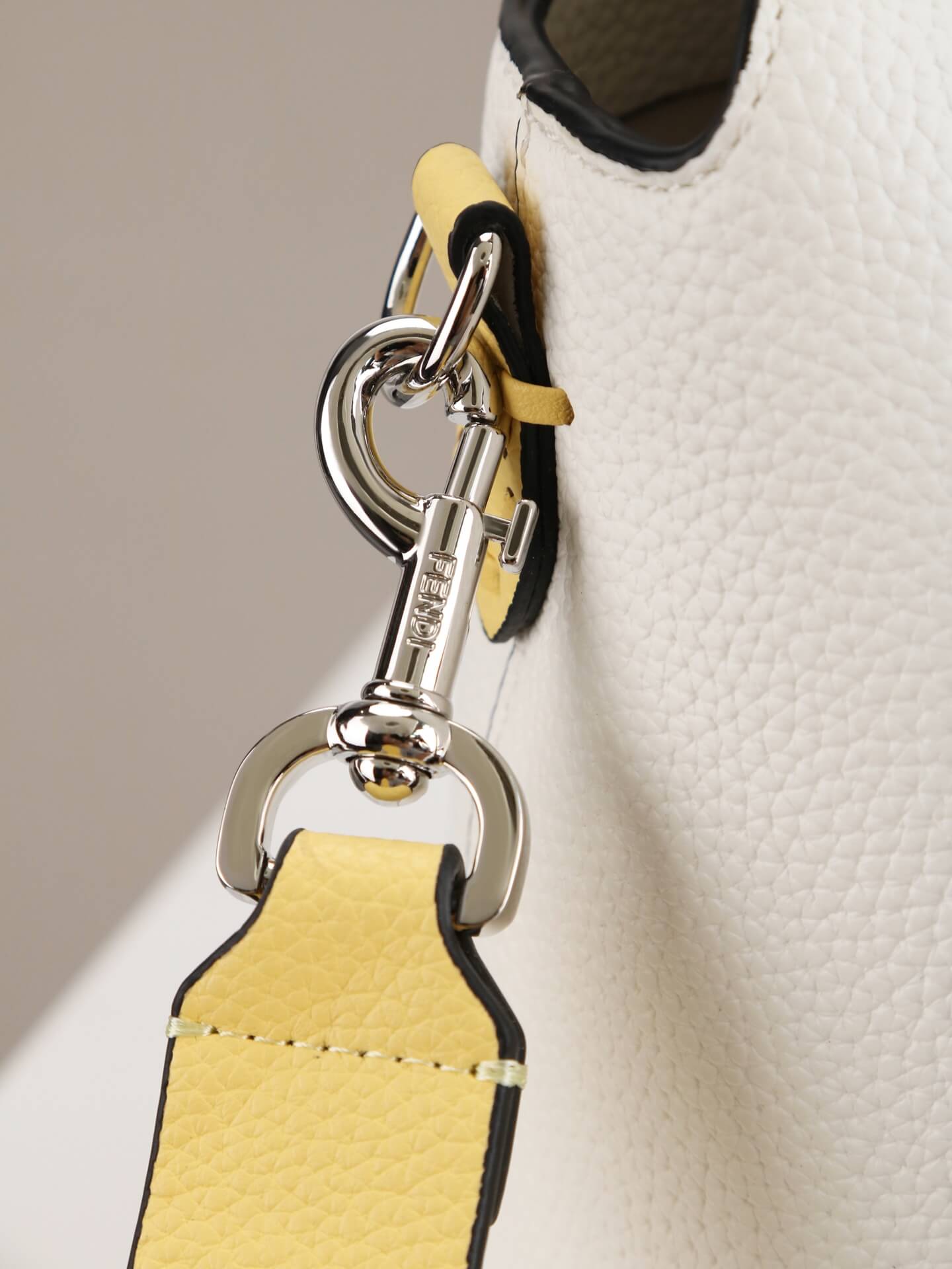 Fendi By The Way Selleria Medium Leather Boston Bag in White and Yellow Trim. - Image 6