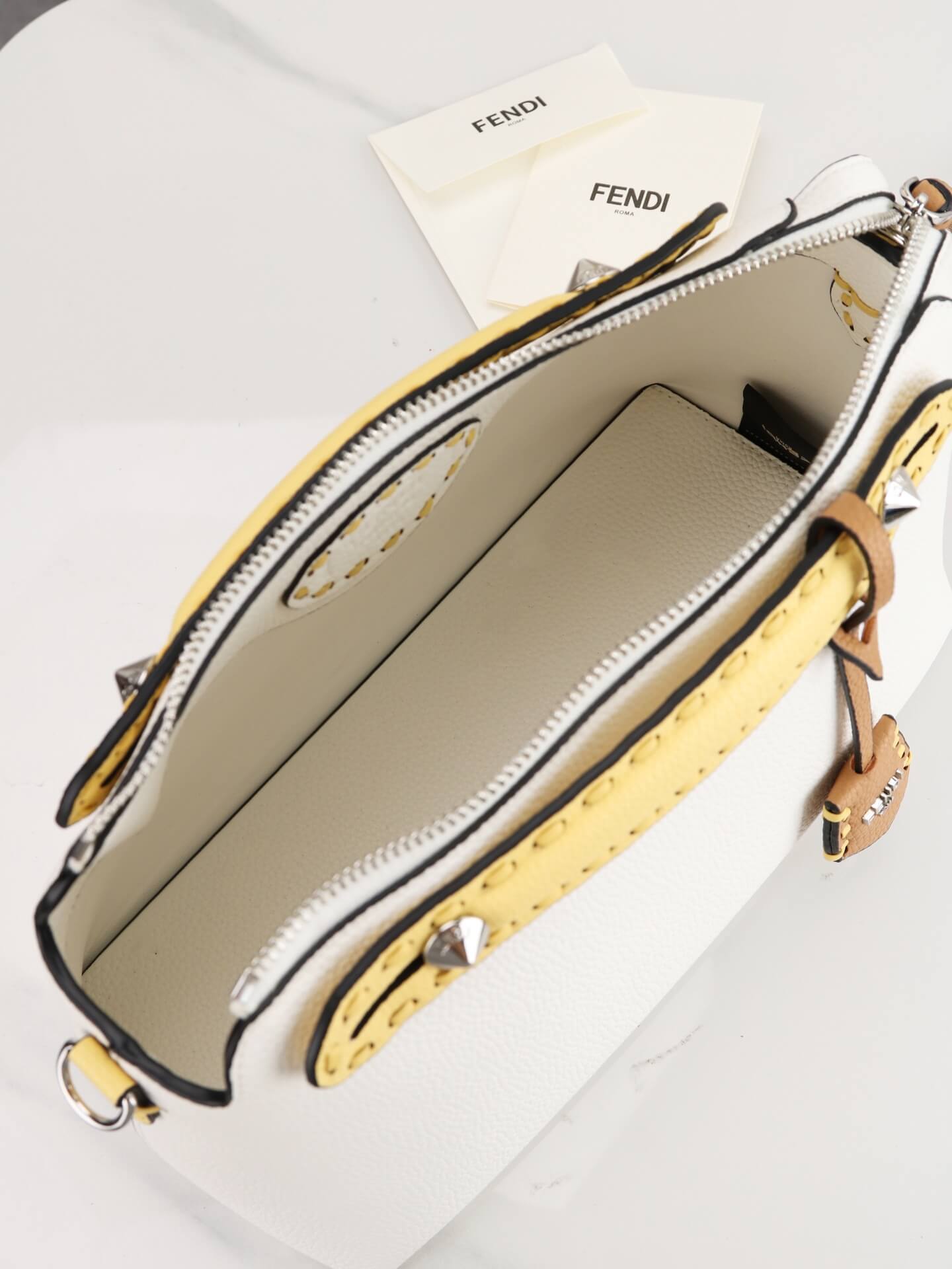 Fendi By The Way Selleria Medium Leather Boston Bag in White and Yellow Trim. - Image 9