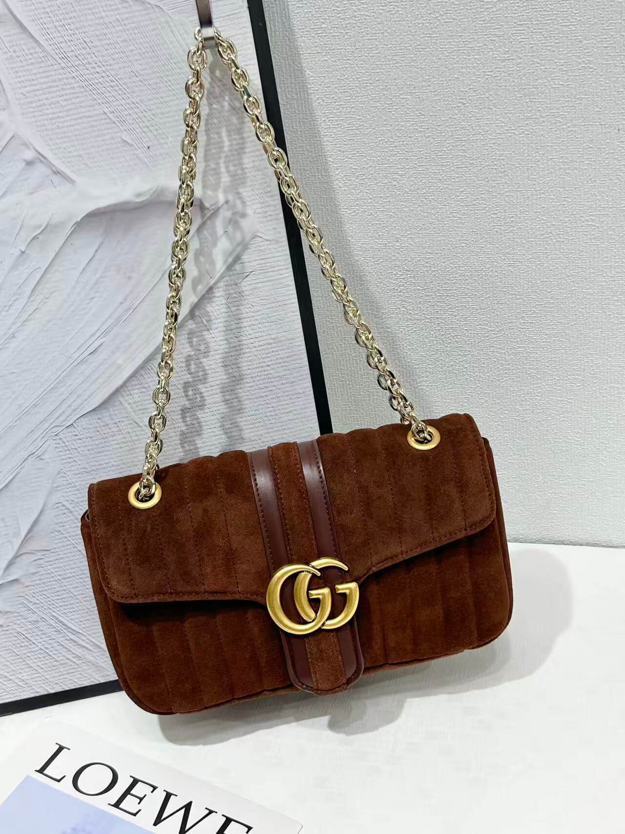 Gucci GG Marmont Vertical Quilted Suede Shoulder Bag – Brown