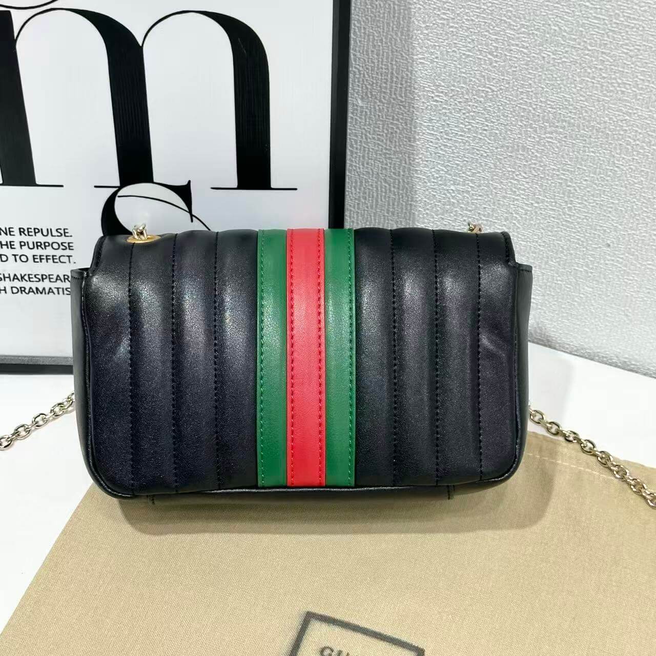 Gucci GG Marmont Small Vertical Quilted Web Stripe Leather Shoulder Bag – Black - Image 2