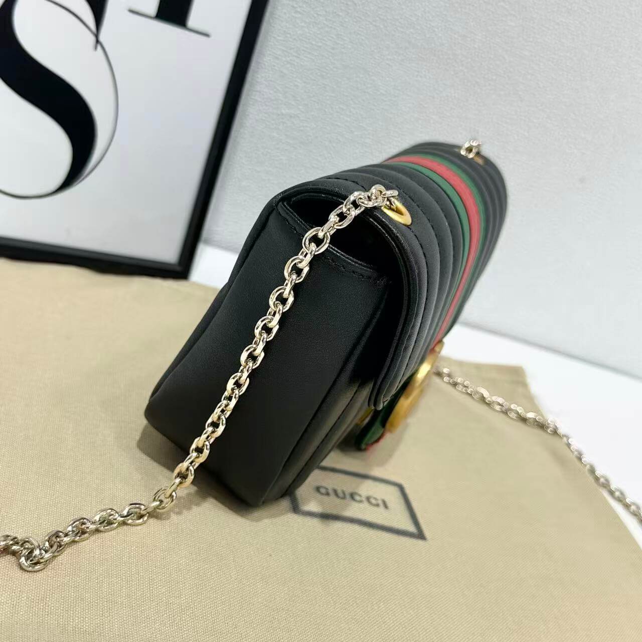 Gucci GG Marmont Small Vertical Quilted Web Stripe Leather Shoulder Bag – Black - Image 4