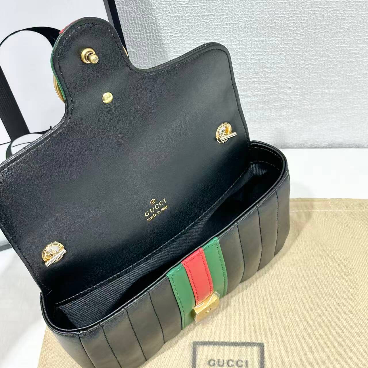 Gucci GG Marmont Small Vertical Quilted Web Stripe Leather Shoulder Bag – Black - Image 5