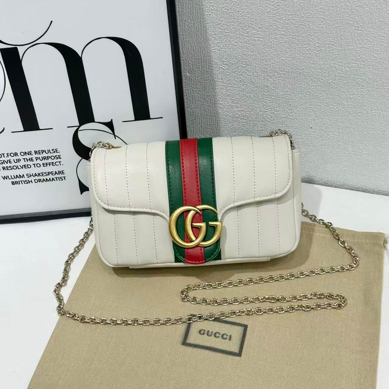 Gucci GG Marmont Small Vertical Quilted Web Stripe Leather Shoulder Bag – White