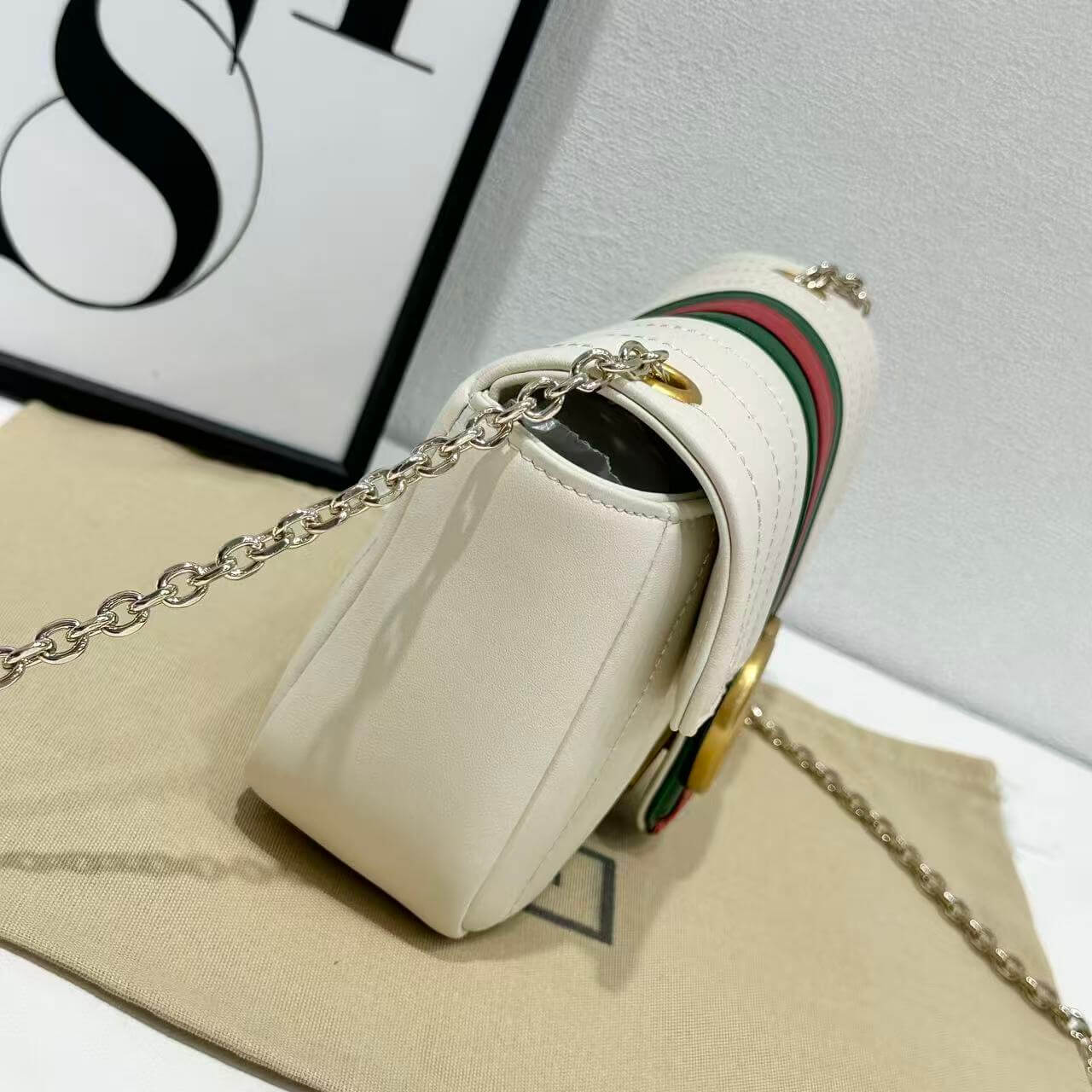 Gucci GG Marmont Small Vertical Quilted Web Stripe Leather Shoulder Bag – White - Image 3
