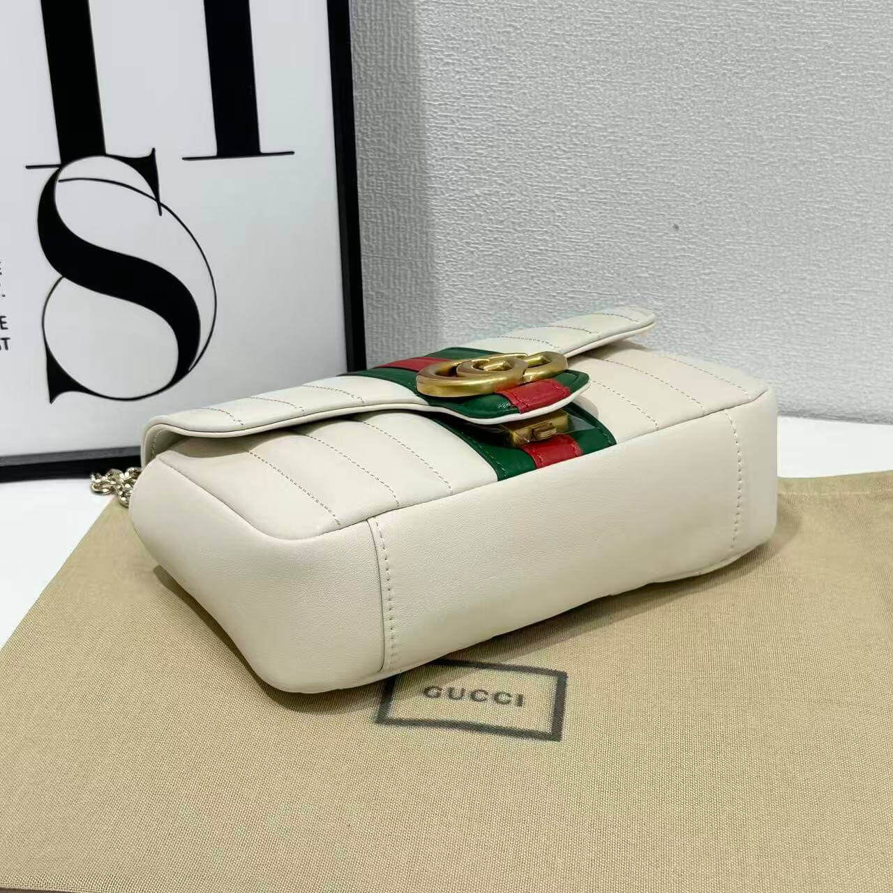 Gucci GG Marmont Small Vertical Quilted Web Stripe Leather Shoulder Bag – White - Image 4