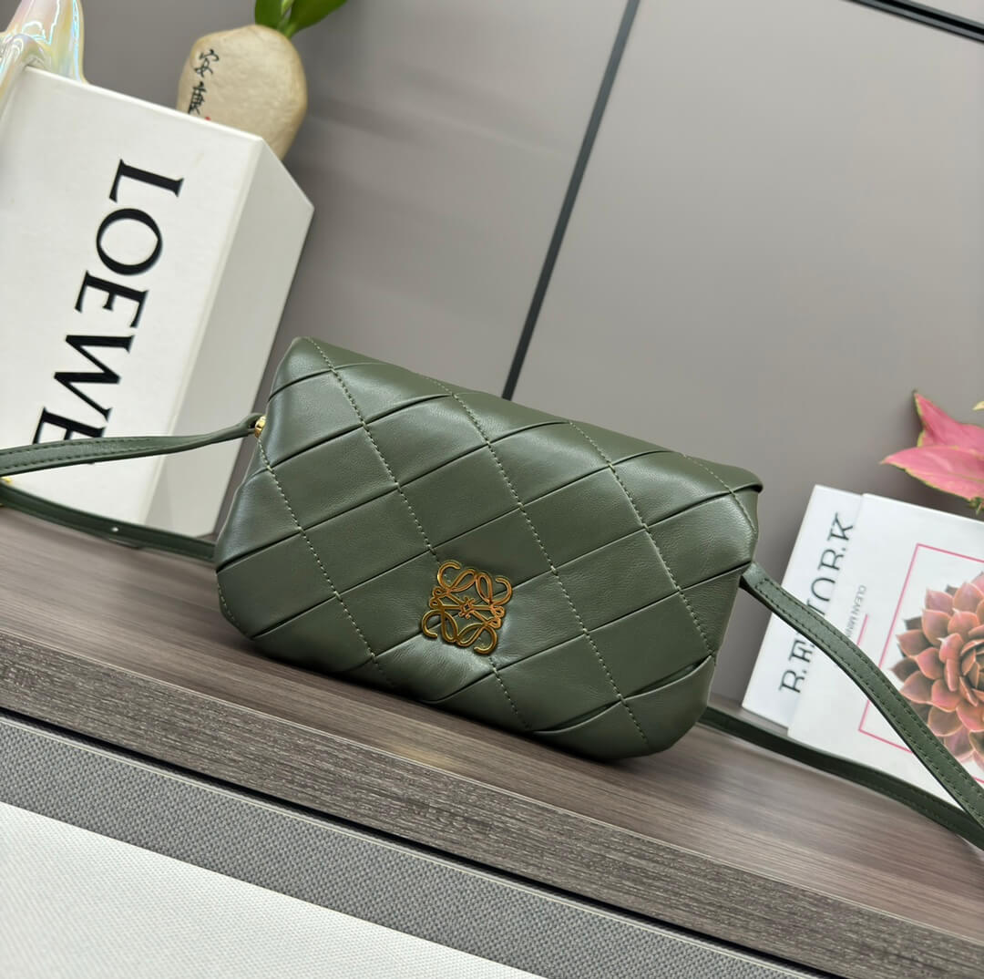 Loewe Goya Puffer Bag Olive Green Quilted Nappa Leather Shoulder Bag
