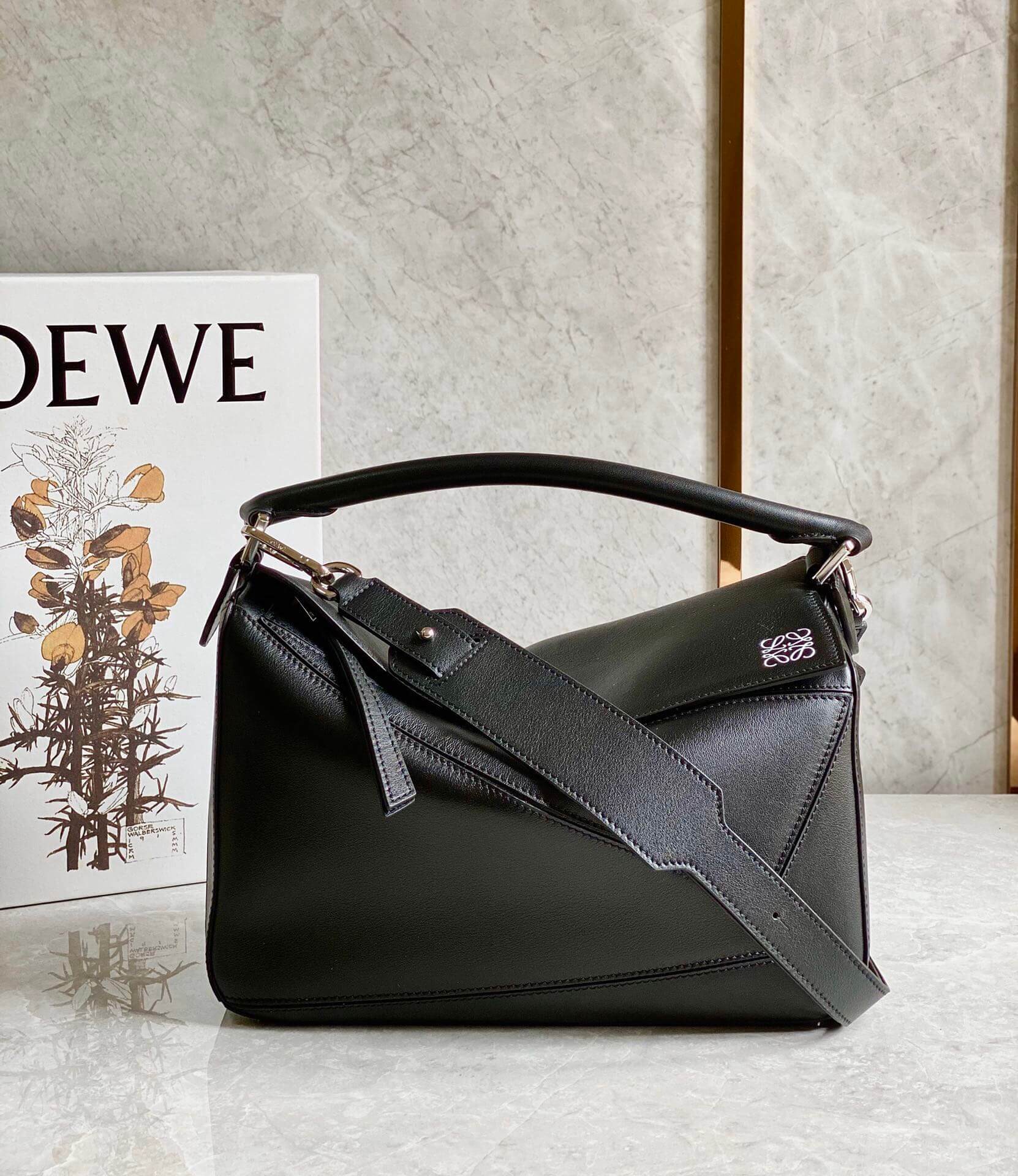 Loewe Puzzle Bag Black Satin Calfskin Geometric Leather Crossbody