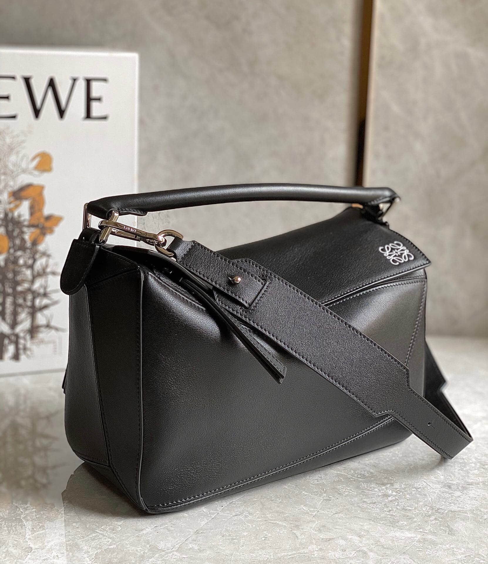 Loewe Puzzle Bag Black Satin Calfskin Geometric Leather Crossbody - Image 2