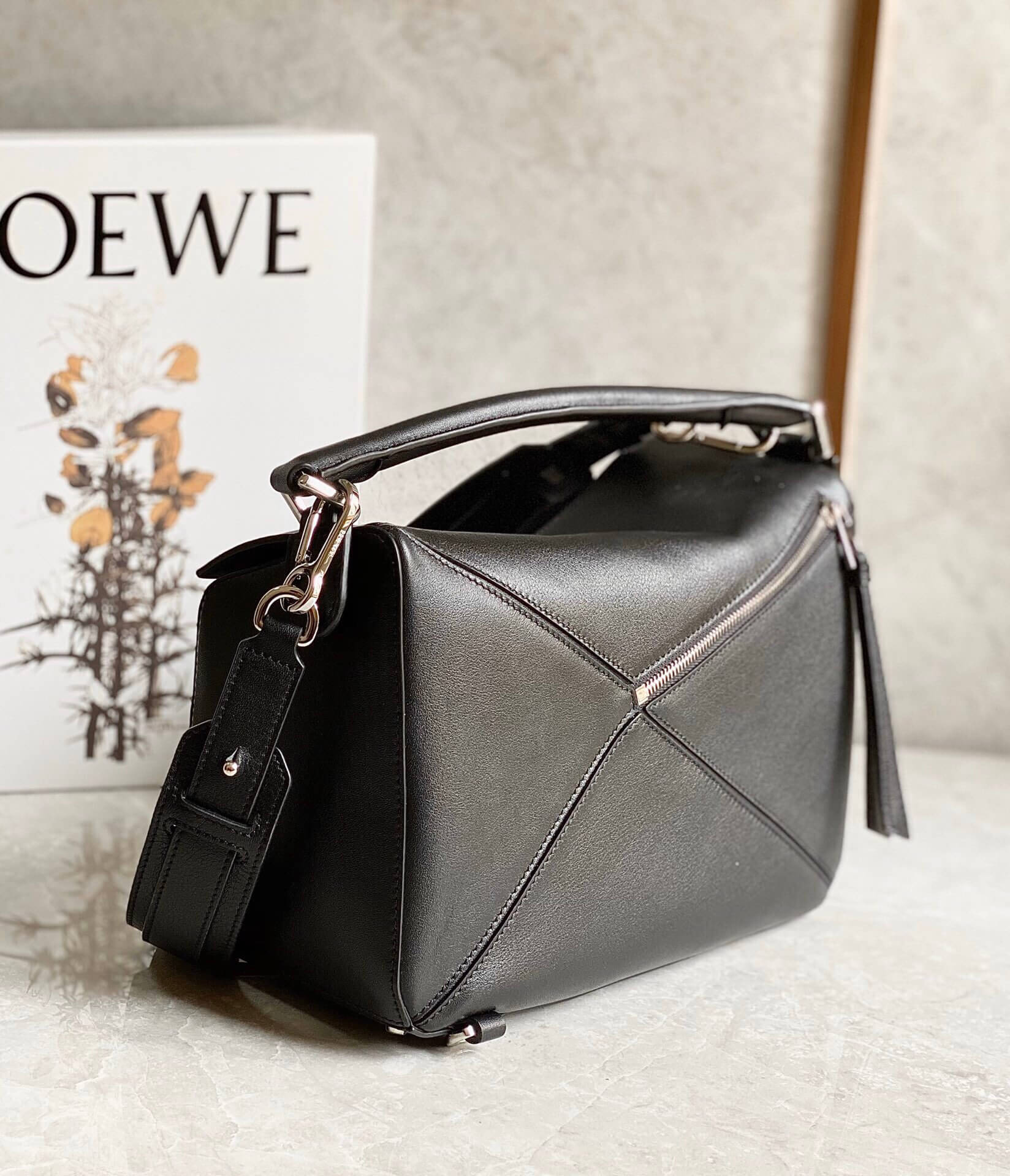 Loewe Puzzle Bag Black Satin Calfskin Geometric Leather Crossbody - Image 5