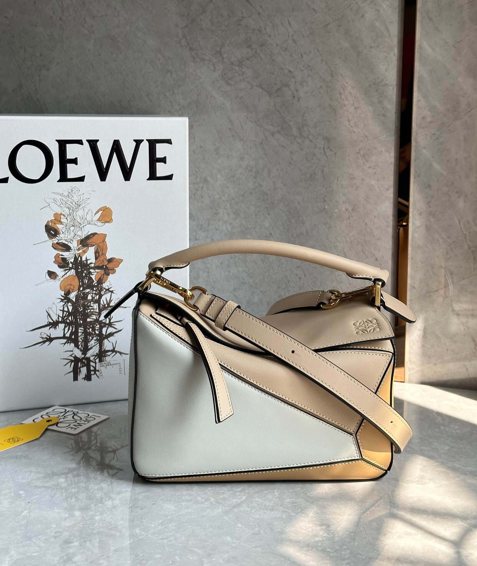 Loewe Puzzle Bag Small Colorblock Leather Crossbody in White, Beige and Tan