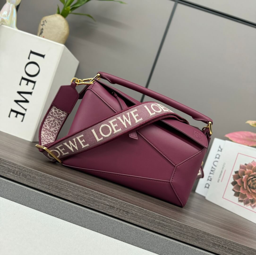 Loewe Puzzle Bag Small Burgundy Leather Crossbody with Jacquard Logo Strap