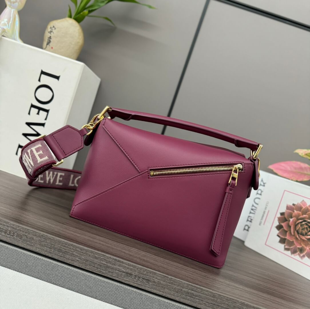 Loewe Puzzle Bag Small Burgundy Leather Crossbody with Jacquard Logo Strap - Image 3