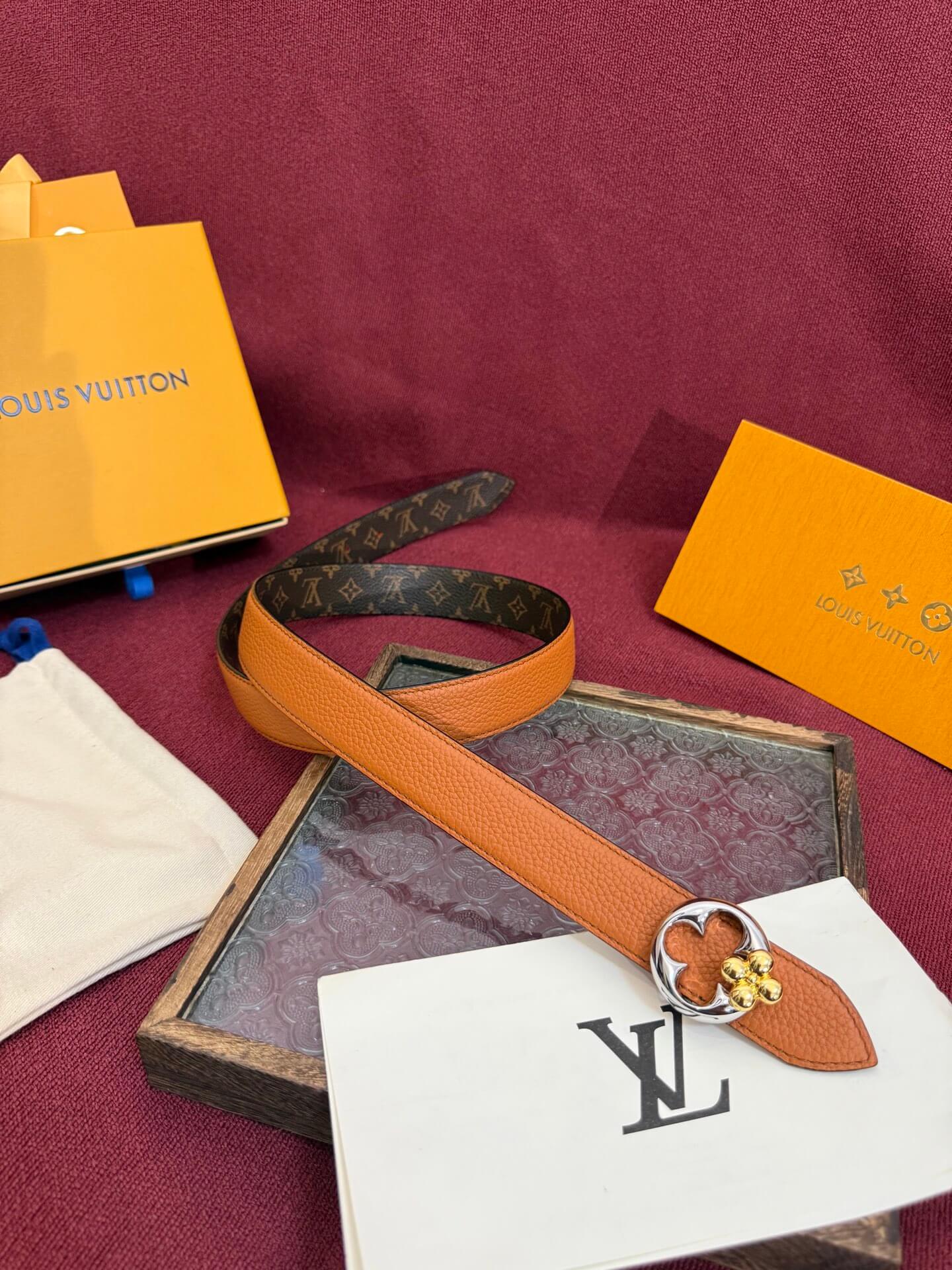 Louis Vuitton LV Flowergram Round Reversible Belt Cognac Leather Monogram Canvas Gold Silver Hardware.