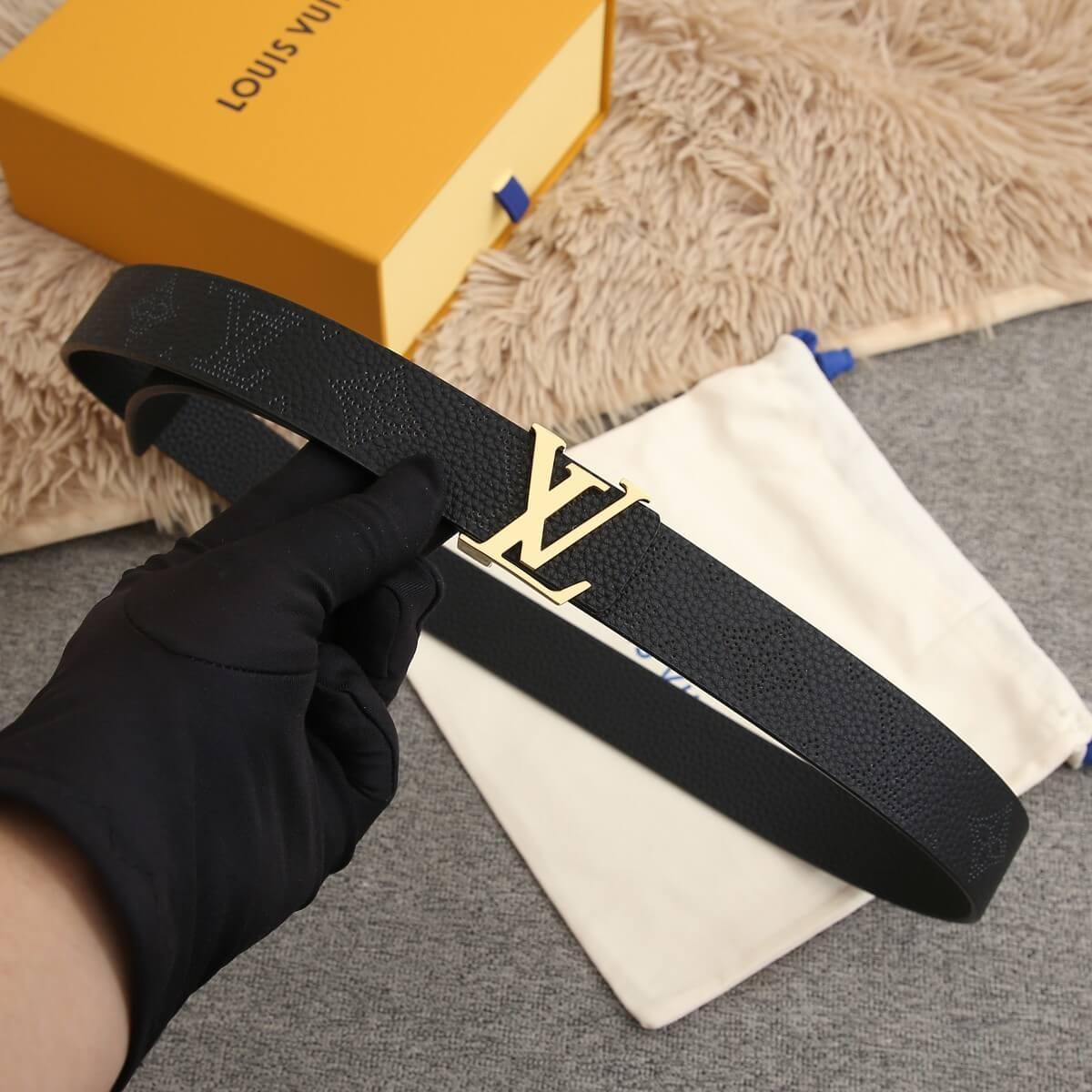 Louis Vuitton Black LV Iris 30mm Reversible Mahina Perforated Leather Belt with Gold Buckle