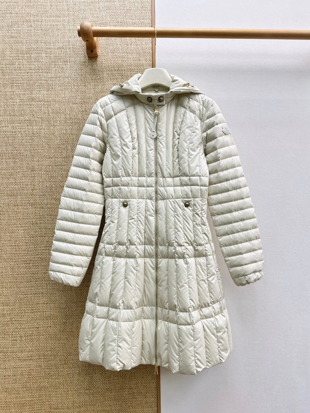 Moncler Menthelong Hooded Long Down Coat in Cream - Image 2