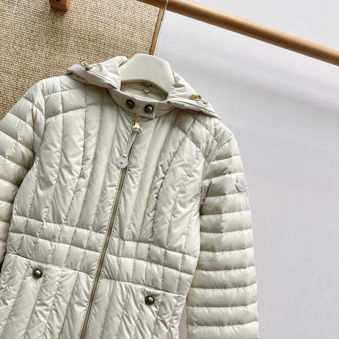 Moncler Menthelong Hooded Long Down Coat in Cream - Image 3