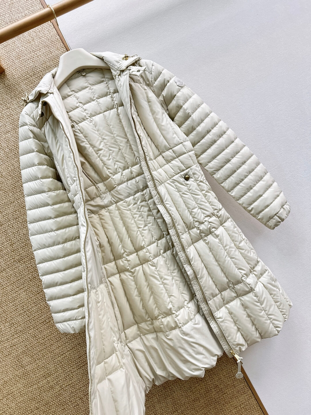 Moncler Menthelong Hooded Long Down Coat in Cream - Image 6