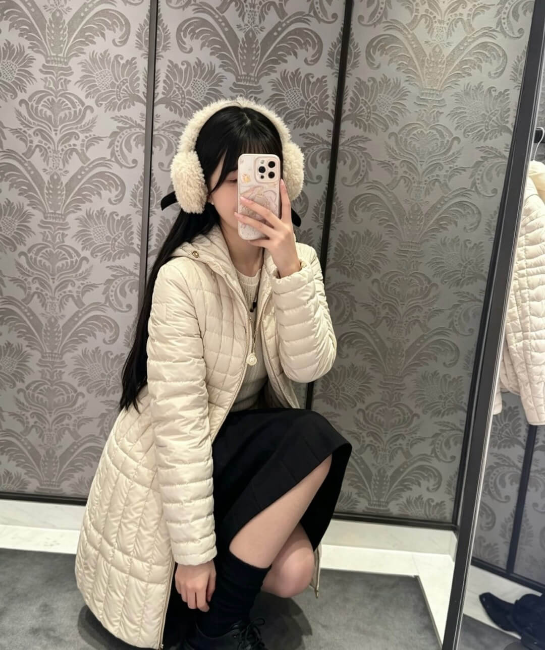 Moncler Menthelong Hooded Long Down Coat in Cream - Image 8