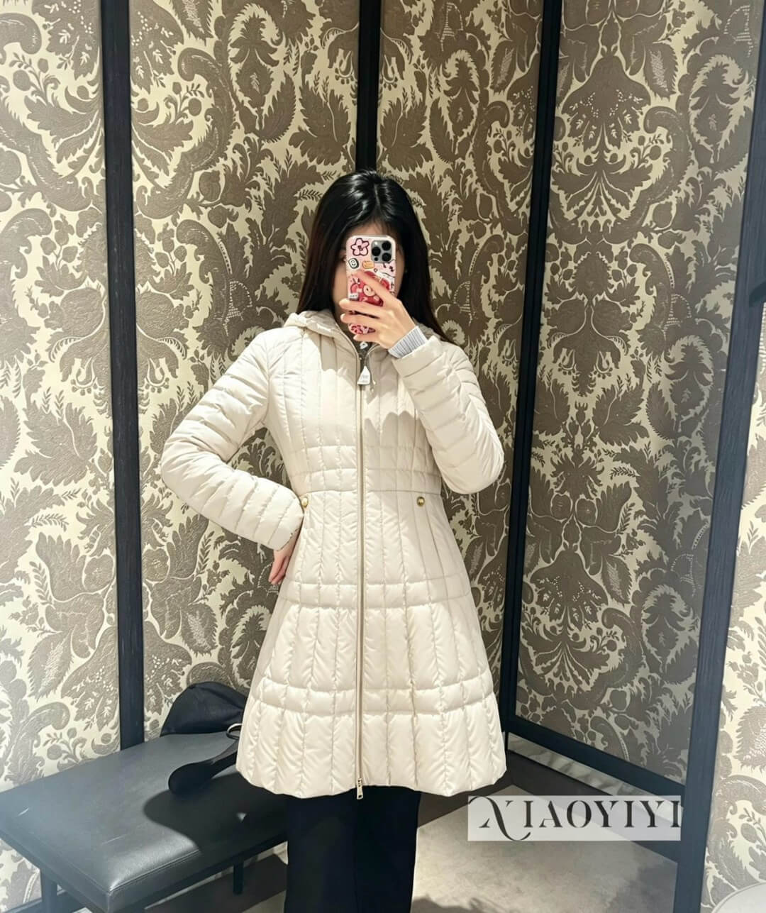 Moncler Menthelong Hooded Long Down Coat in Cream