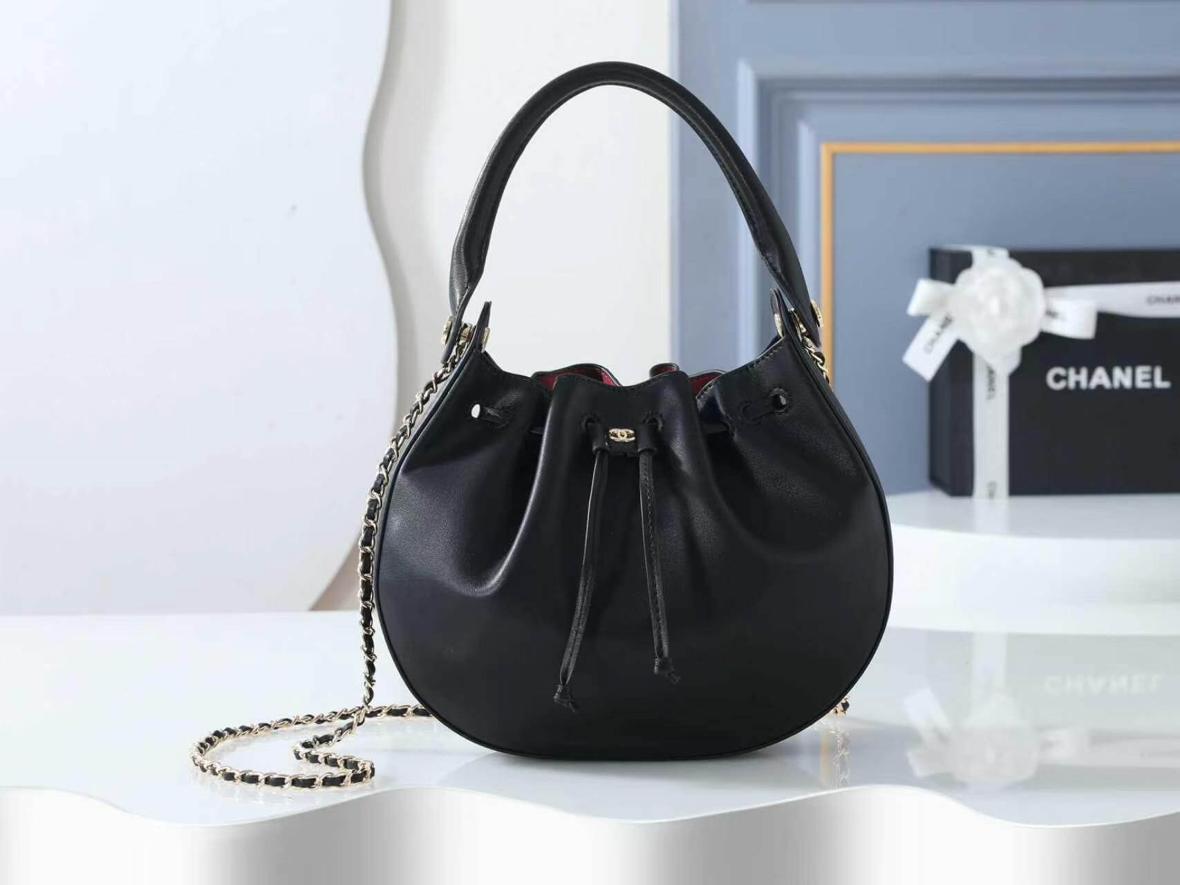 Chanel Calfskin Drawstring Bucket Bag in Black