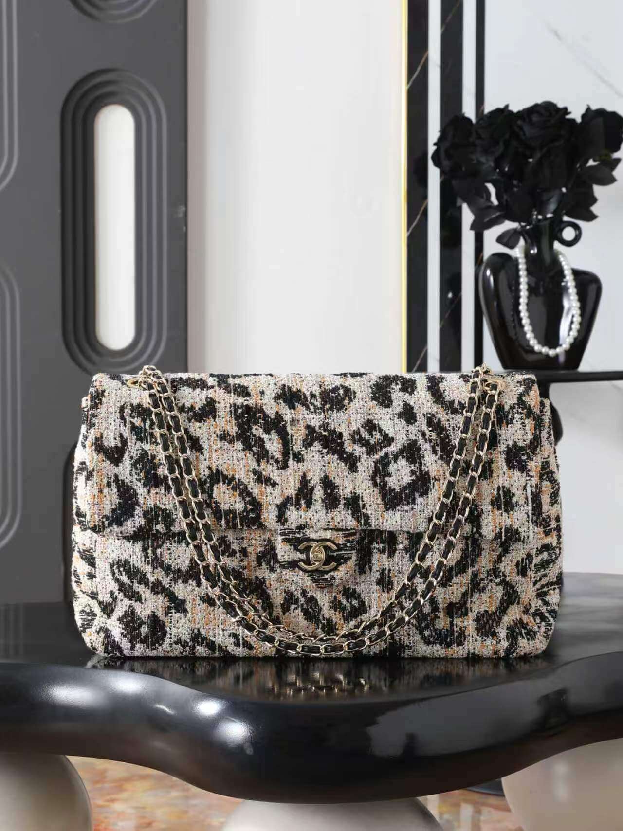 Chanel Leopard Print Tweed Classic Double Flap Bag in Beige and Black