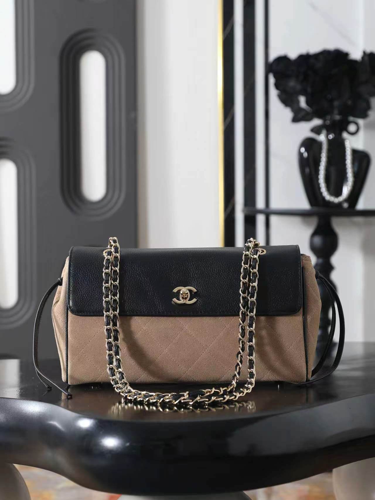 Chanel Quilted Suede & Calfskin Flap Shoulder Bag in Beige and Black