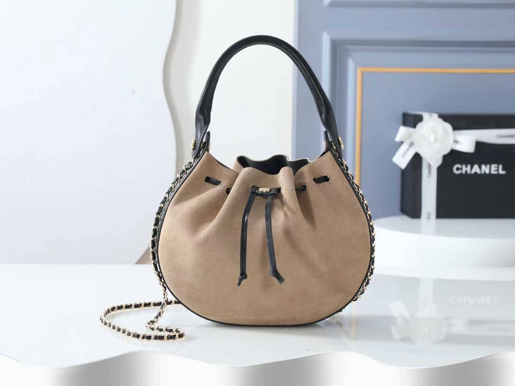 Chanel Suede & Calfskin Drawstring Bucket Bag in Beige and Black