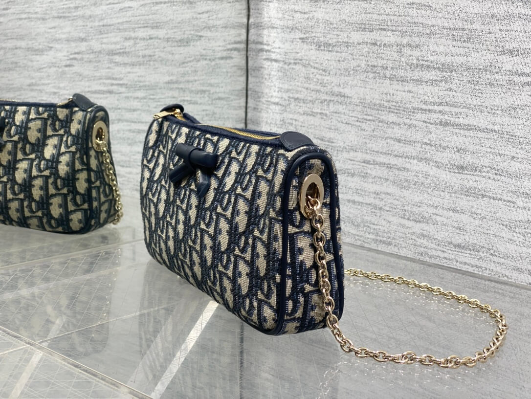 Christian Dior Oblique Bow Pouch With Chain Blue Jacquard - Image 2