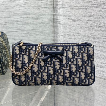 Christian Dior Oblique Bow Pouch With Chain Blue Jacquard