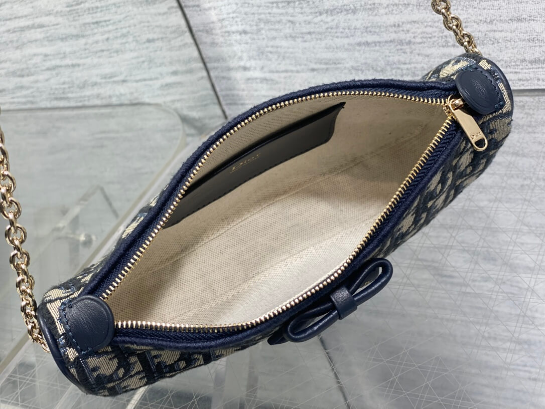 Christian Dior Oblique Bow Pouch With Chain Blue Jacquard - Image 6