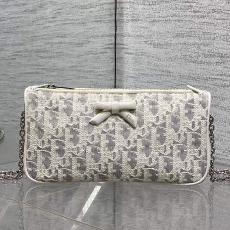 Christian Dior Oblique Bow Pouch With Chain White Canvas.