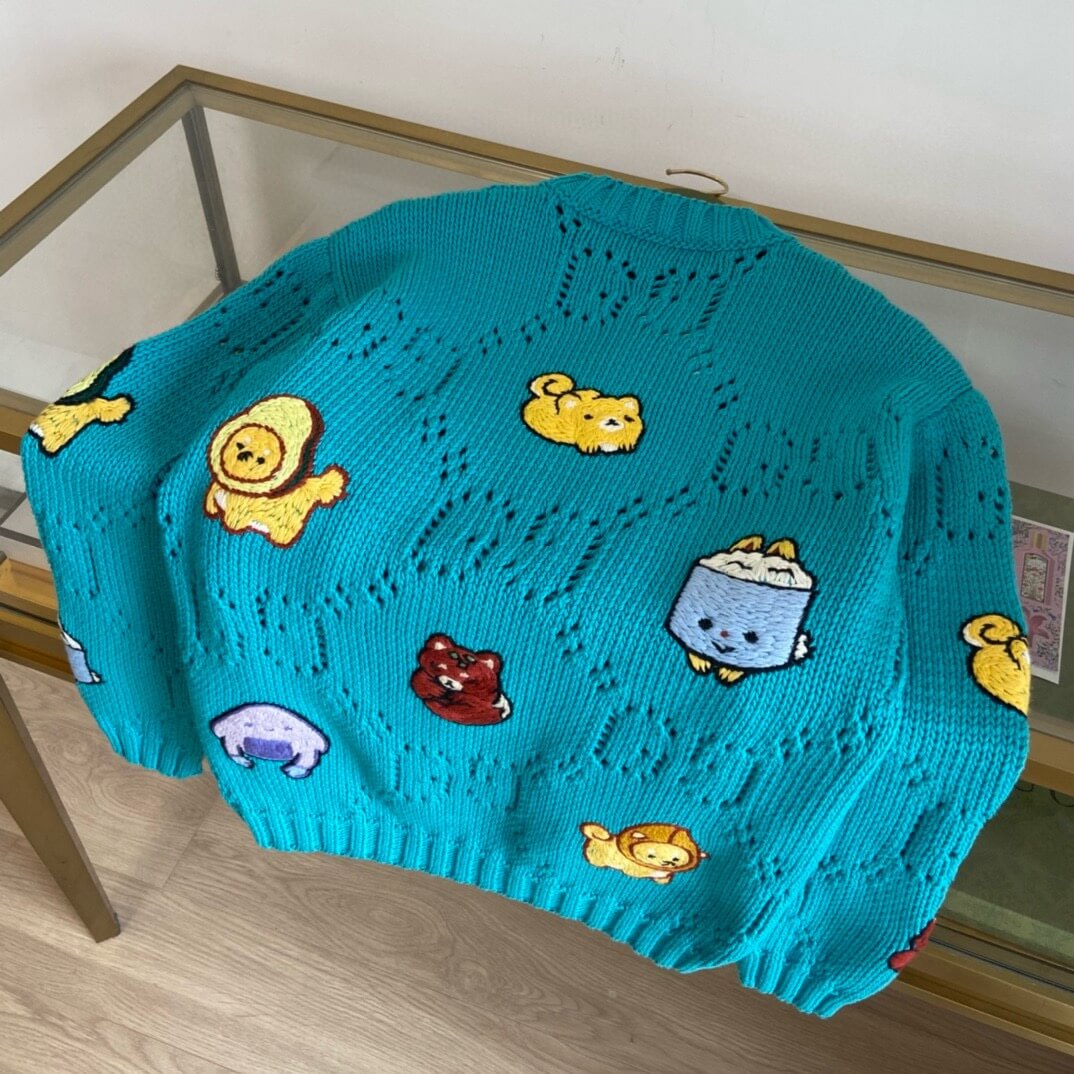 Gucci GG Openwork Cable Knit Embroidered Characters Sweater – Turquoise Blue - Image 2