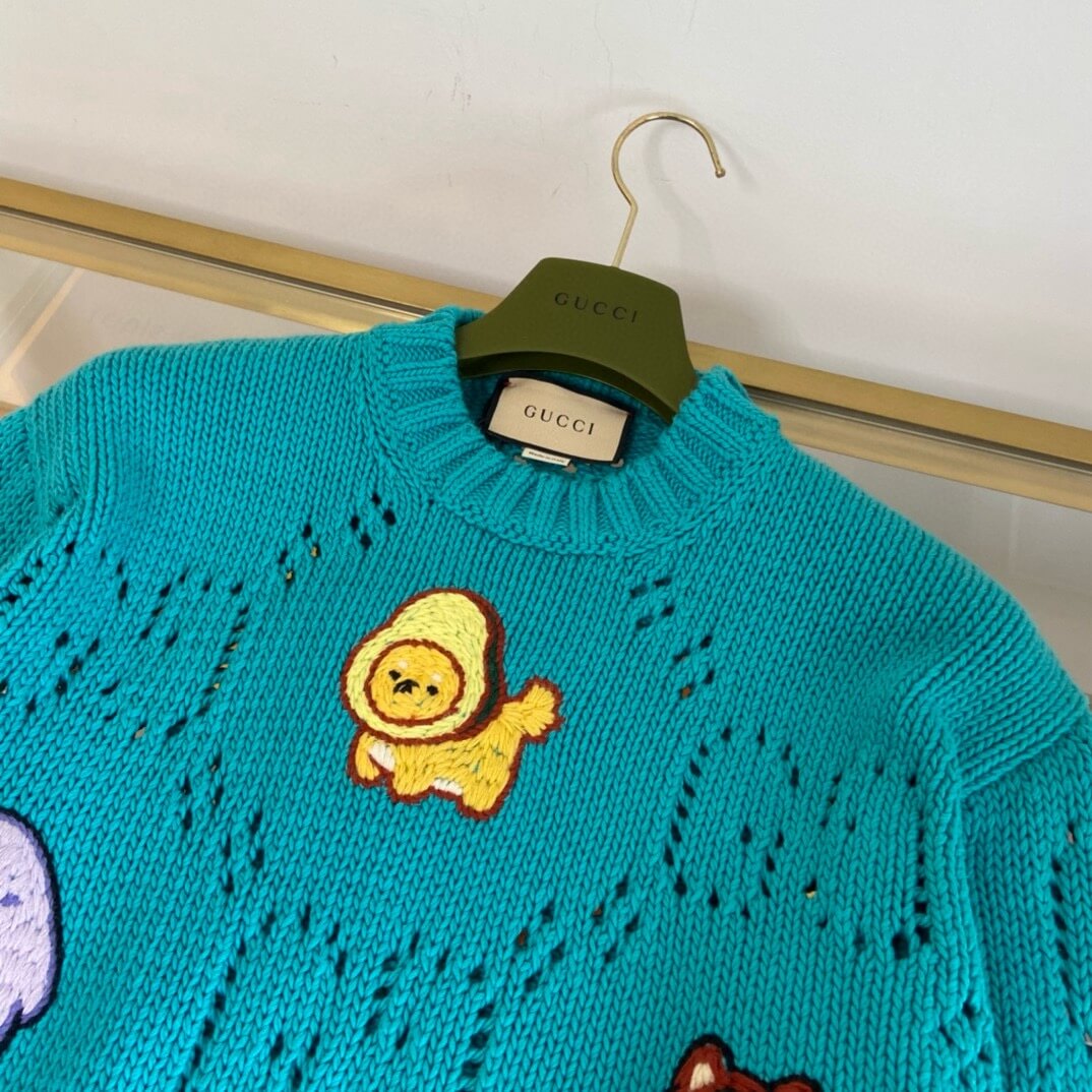 Gucci GG Openwork Cable Knit Embroidered Characters Sweater – Turquoise Blue - Image 3