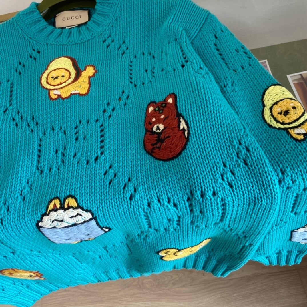 Gucci GG Openwork Cable Knit Embroidered Characters Sweater – Turquoise Blue - Image 4